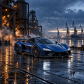 Cobalt Foundry blue futuristic hypercar on a wet industrial harbor at dusk