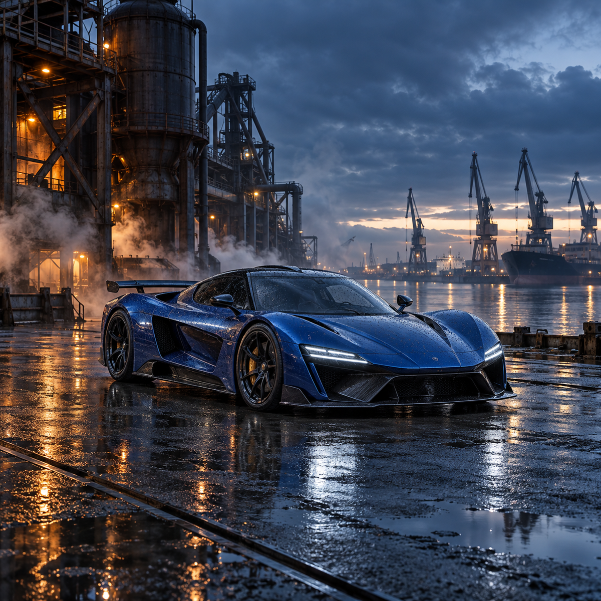 Cobalt Foundry blue futuristic hypercar on a wet industrial harbor at dusk