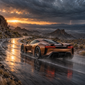 Copper Tempest copper futuristic hypercar on a wet mountain road beneath a storm