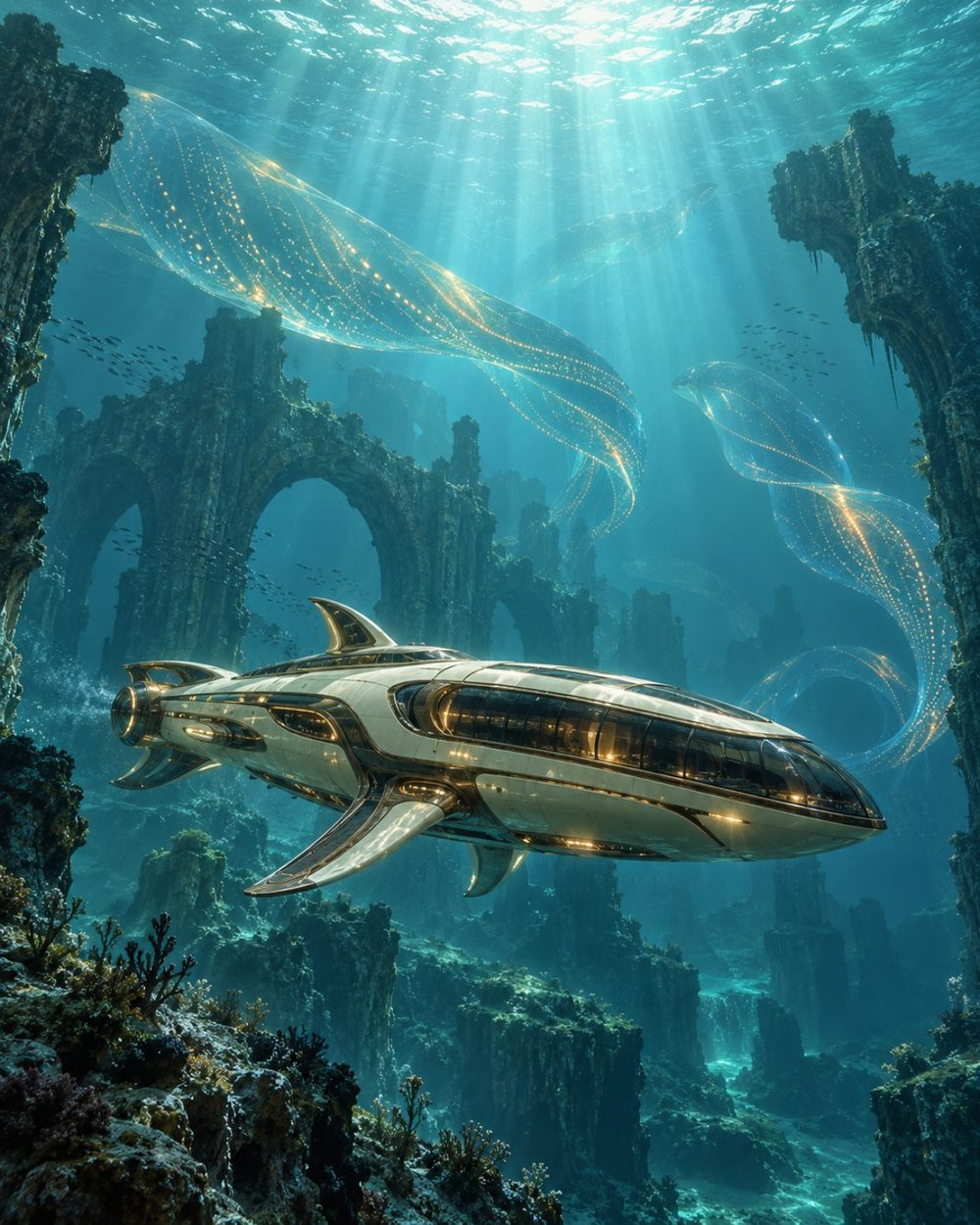 Abyssal Passage futuristic underwater vessel gliding through ancient submerged ruins beneath luminous sea creatures, digital art by WarpLuxe