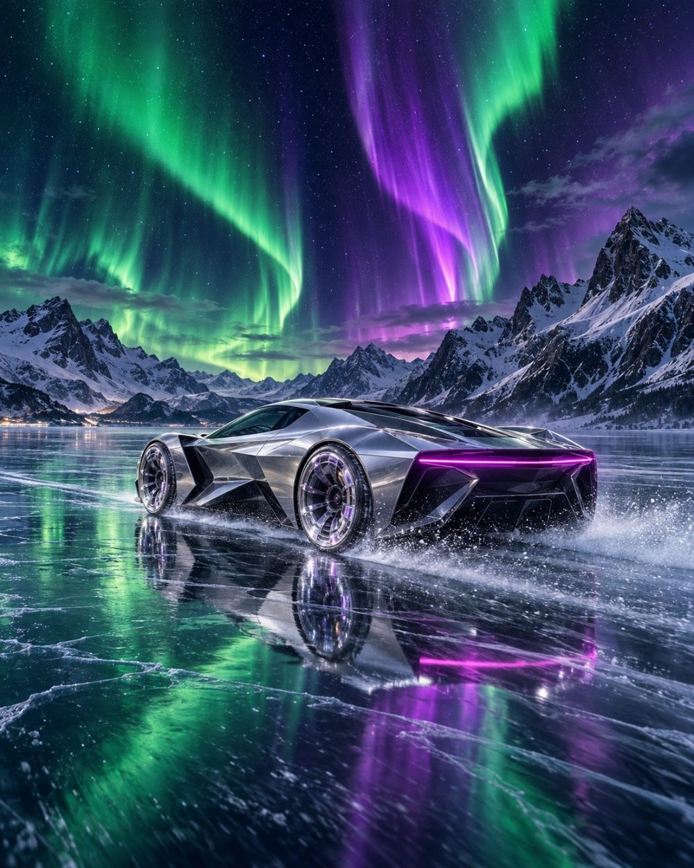 Aurora Run silver futuristic hypercar racing across reflective ice beneath green and violet aurora, digital art by WarpLuxe
