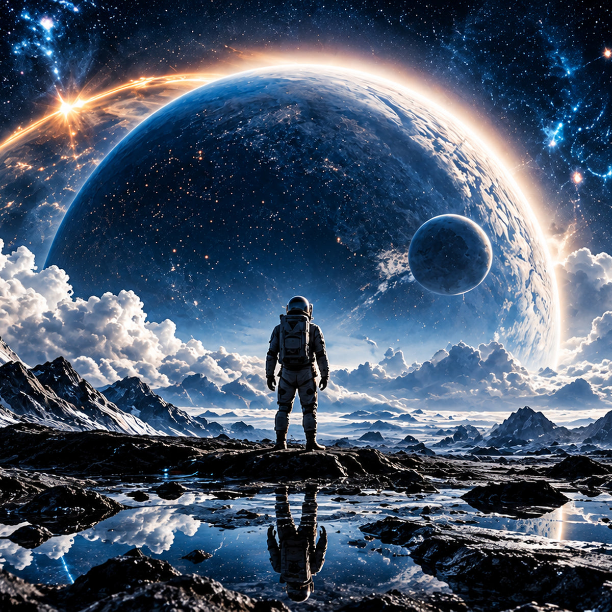 Beyond Here clean astronaut and cosmic planet artwork by WarpLuxe