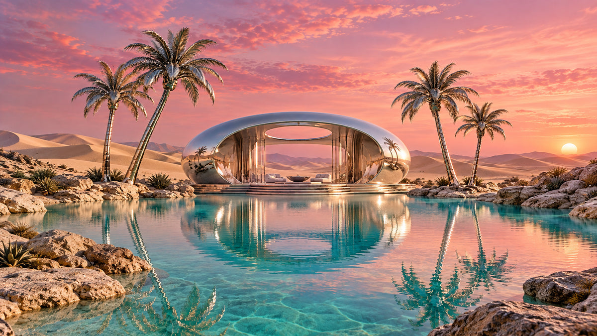 Chrome Oasis futuristic digital art print by WarpLuxe