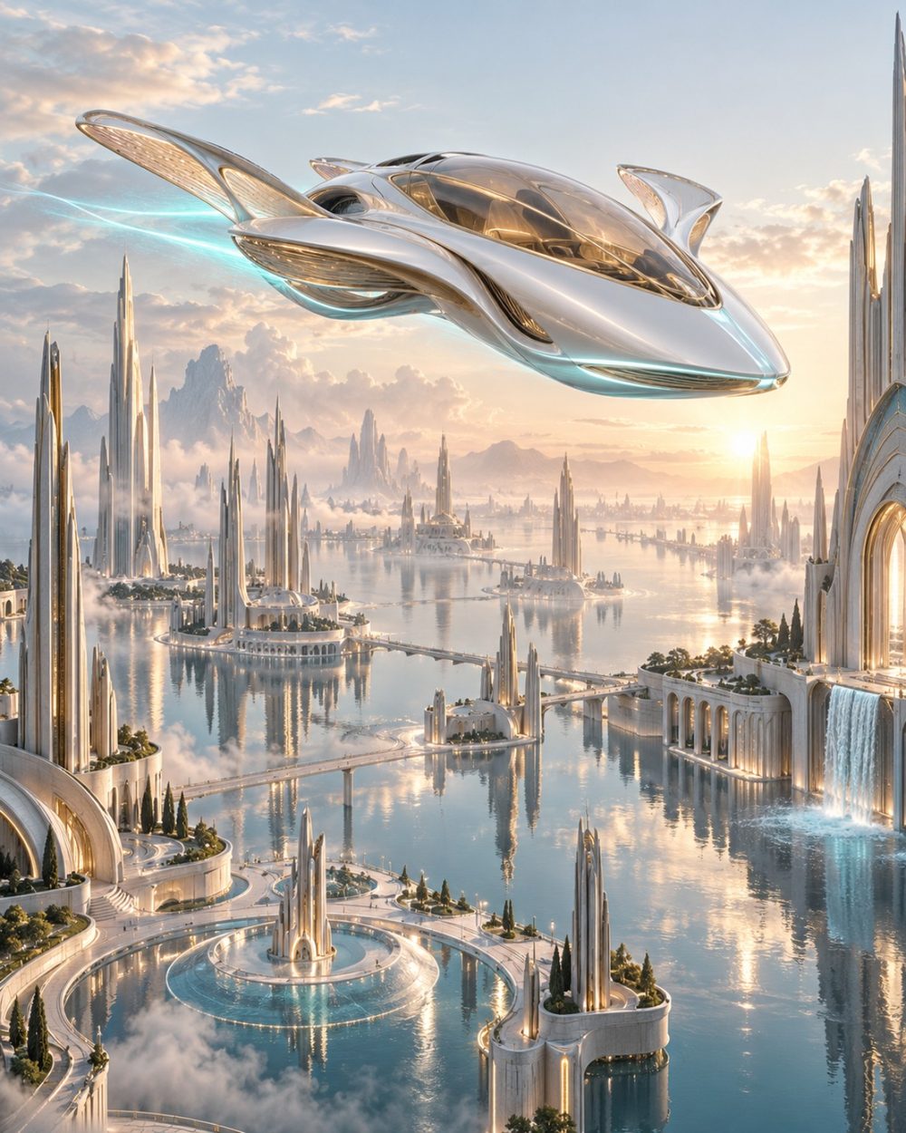 City of Light elegant flying vehicle above a luminous white futuristic city of water and towers, digital art by WarpLuxe