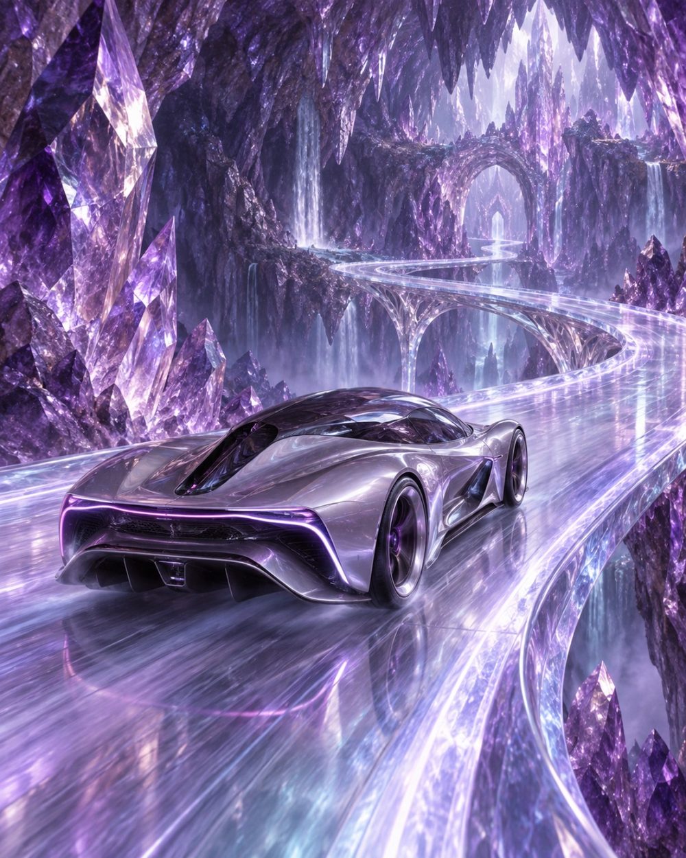 Crystal Run silver futuristic hypercar racing through a vast purple crystal world on a luminous transparent roadway, digital art by WarpLuxe