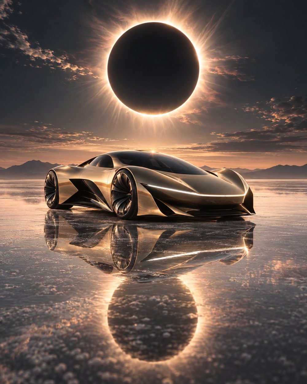 Eclipse Machine gold futuristic hypercar reflected on a glassy landscape beneath a total solar eclipse, digital art by WarpLuxe