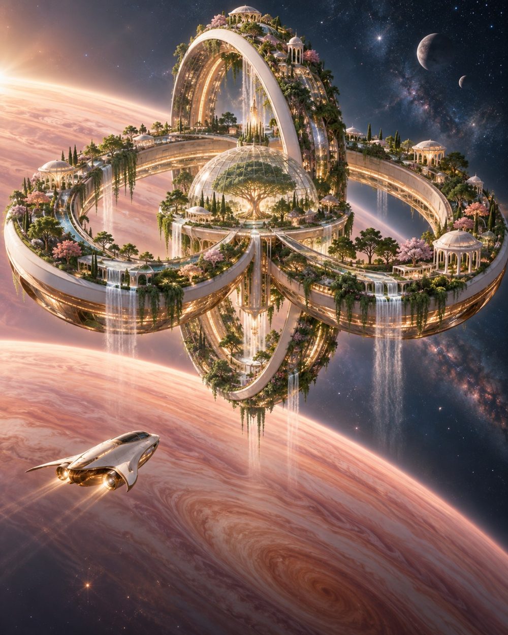 Eden Orbit immense orbital garden habitat suspended above a rose colored gas giant with a small spacecraft approaching, digital art by WarpLuxe
