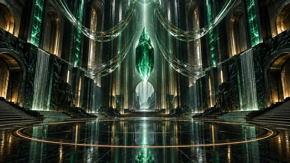 Emerald Data Cathedral futuristic digital art print by WarpLuxe