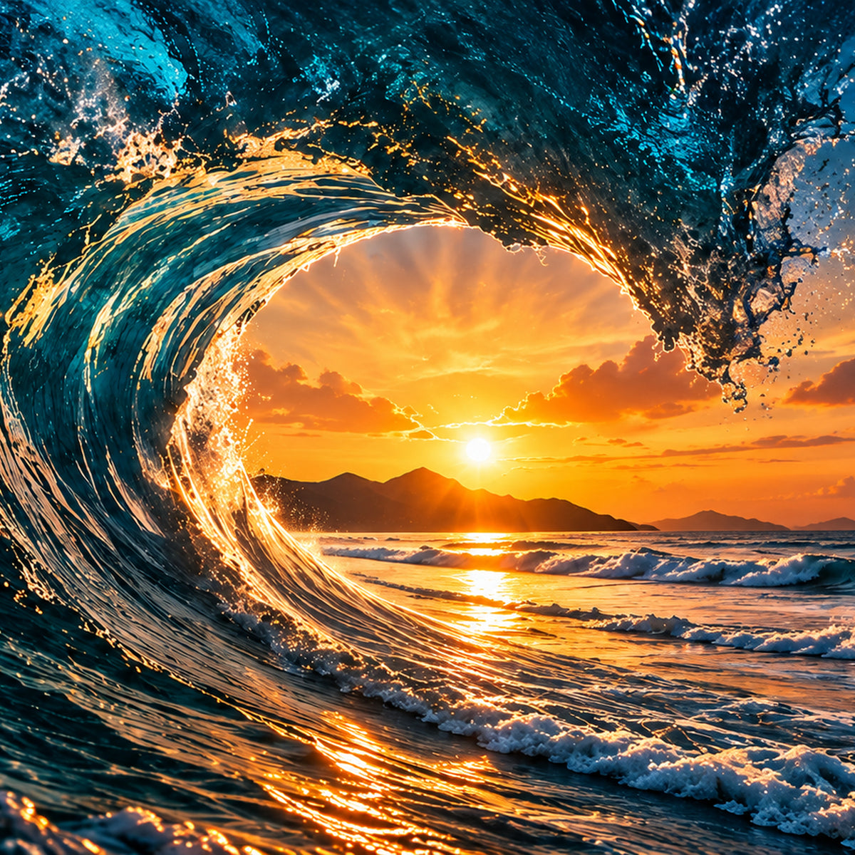 Golden Flow clean ocean wave sunset artwork by WarpLuxe