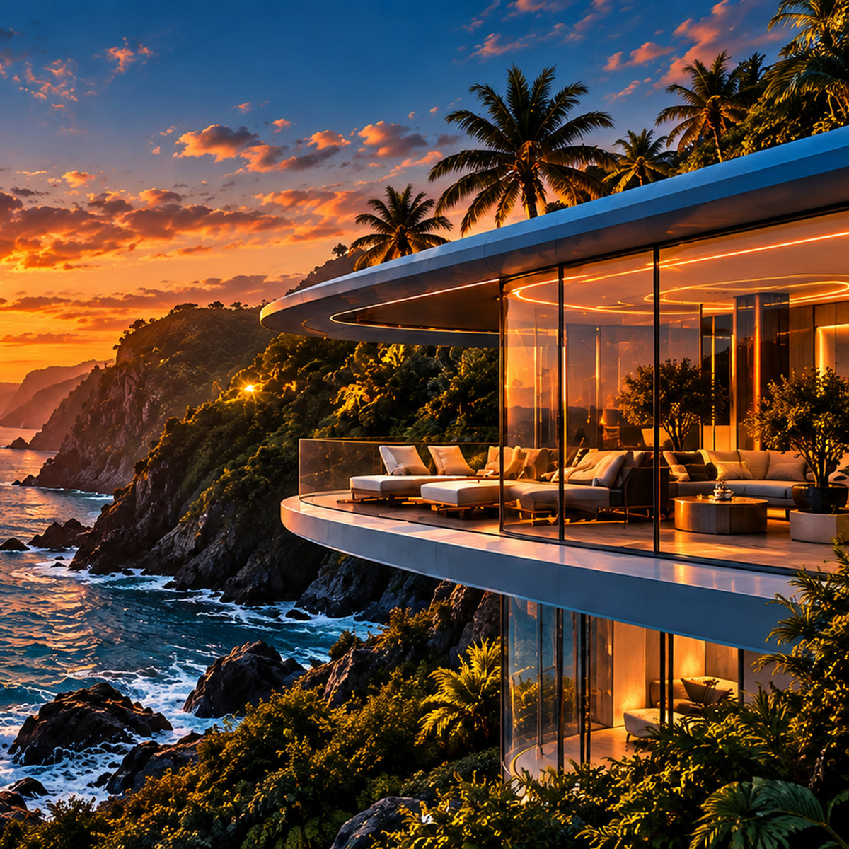 Infinite Evenings clean futuristic coastal architecture artwork by WarpLuxe