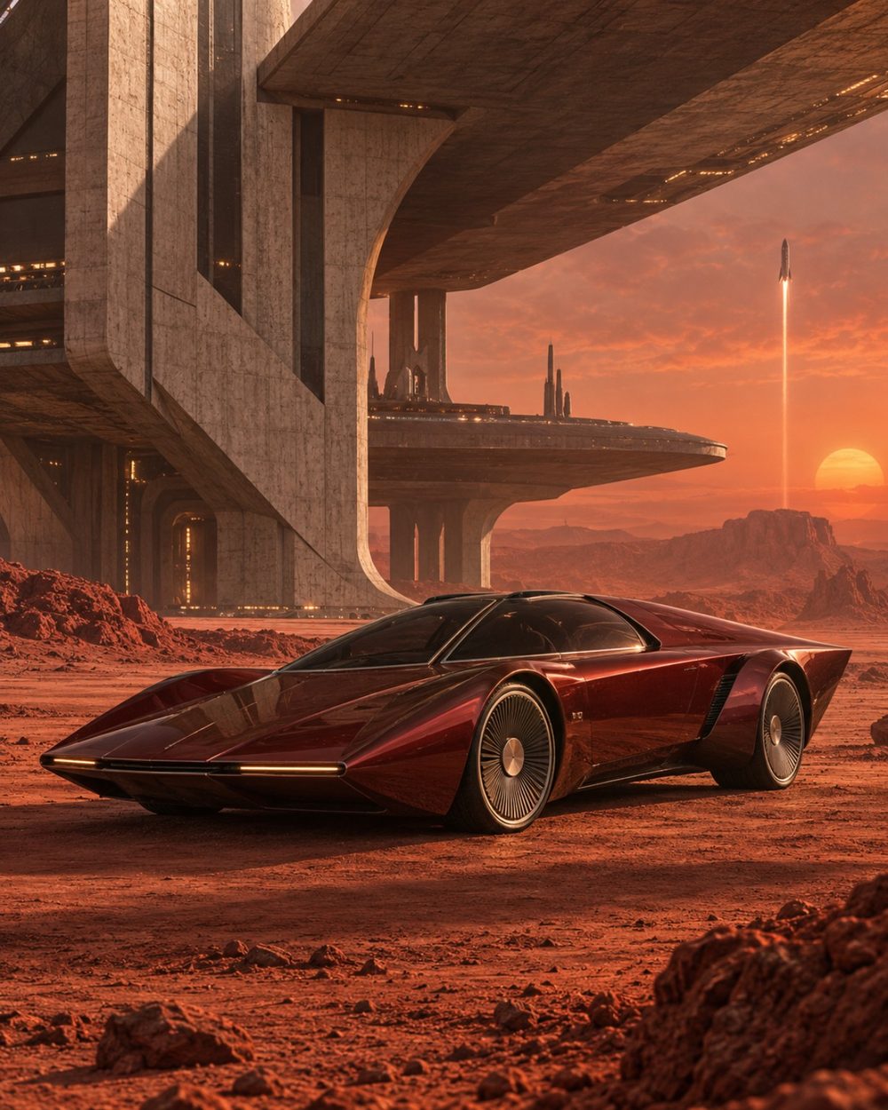 Mars Departure retro futuristic red concept car at a monumental Martian spaceport during rocket launch, digital art by WarpLuxe