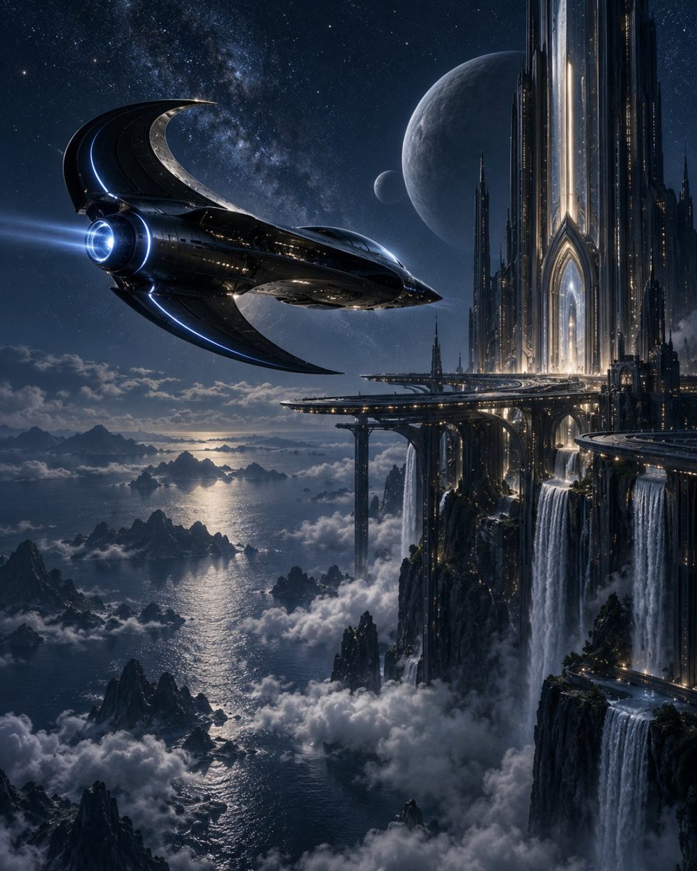 Midnight Citadel black futuristic spacecraft approaching a towering illuminated city above clouds beneath distant moons, digital art by WarpLuxe
