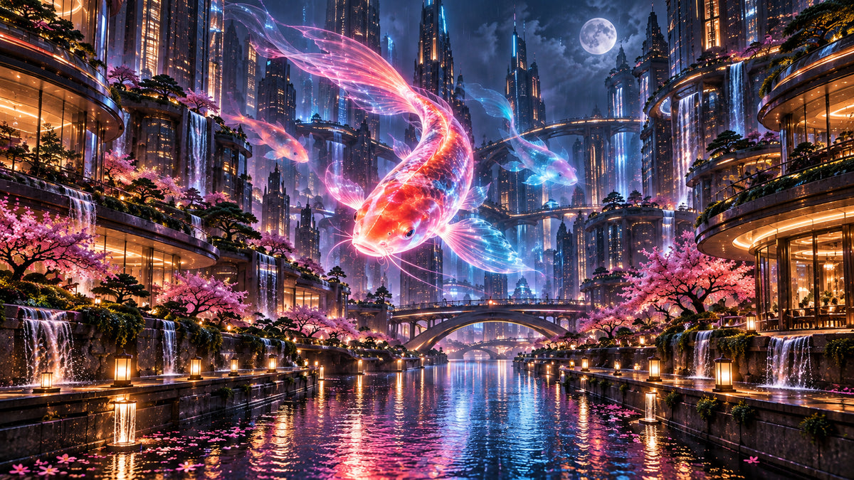 Neon Koi Metropolis futuristic digital art print by WarpLuxe