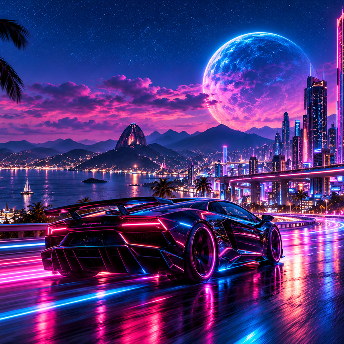 Neon Pursuit clean futuristic hypercar artwork by WarpLuxe