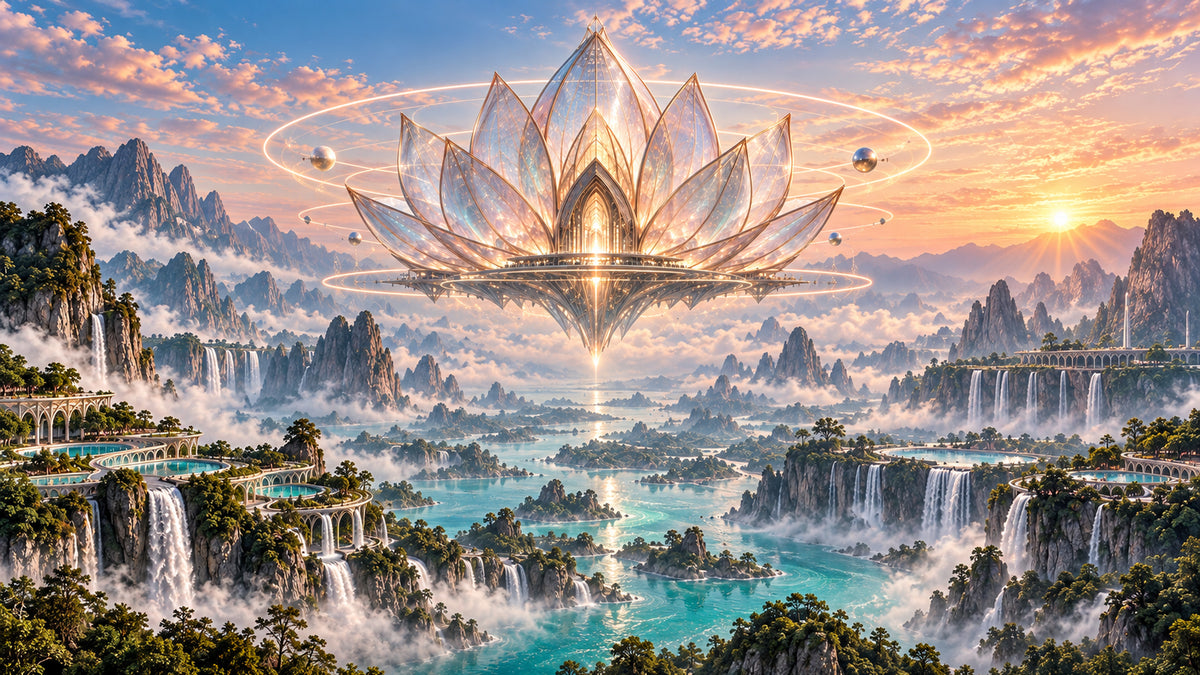 Quantum Lotus Temple futuristic digital art print by WarpLuxe