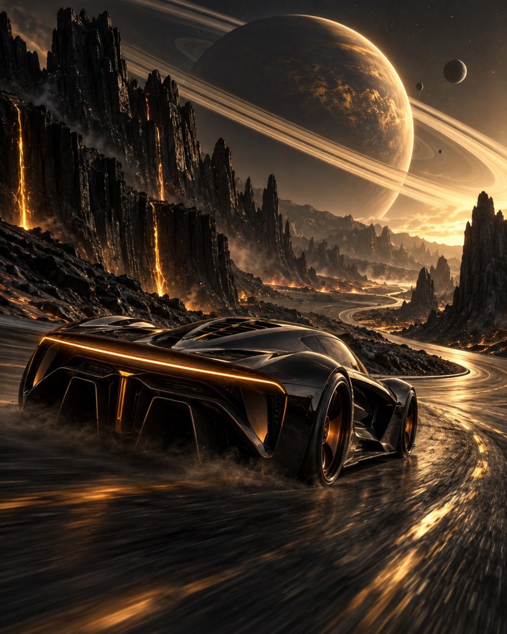 Ringfall black futuristic hypercar crossing a volcanic alien landscape beneath a giant ringed planet, digital art by WarpLuxe
