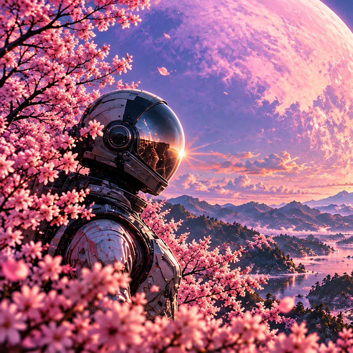 Stillness clean astronaut cherry blossom dreamscape by WarpLuxe