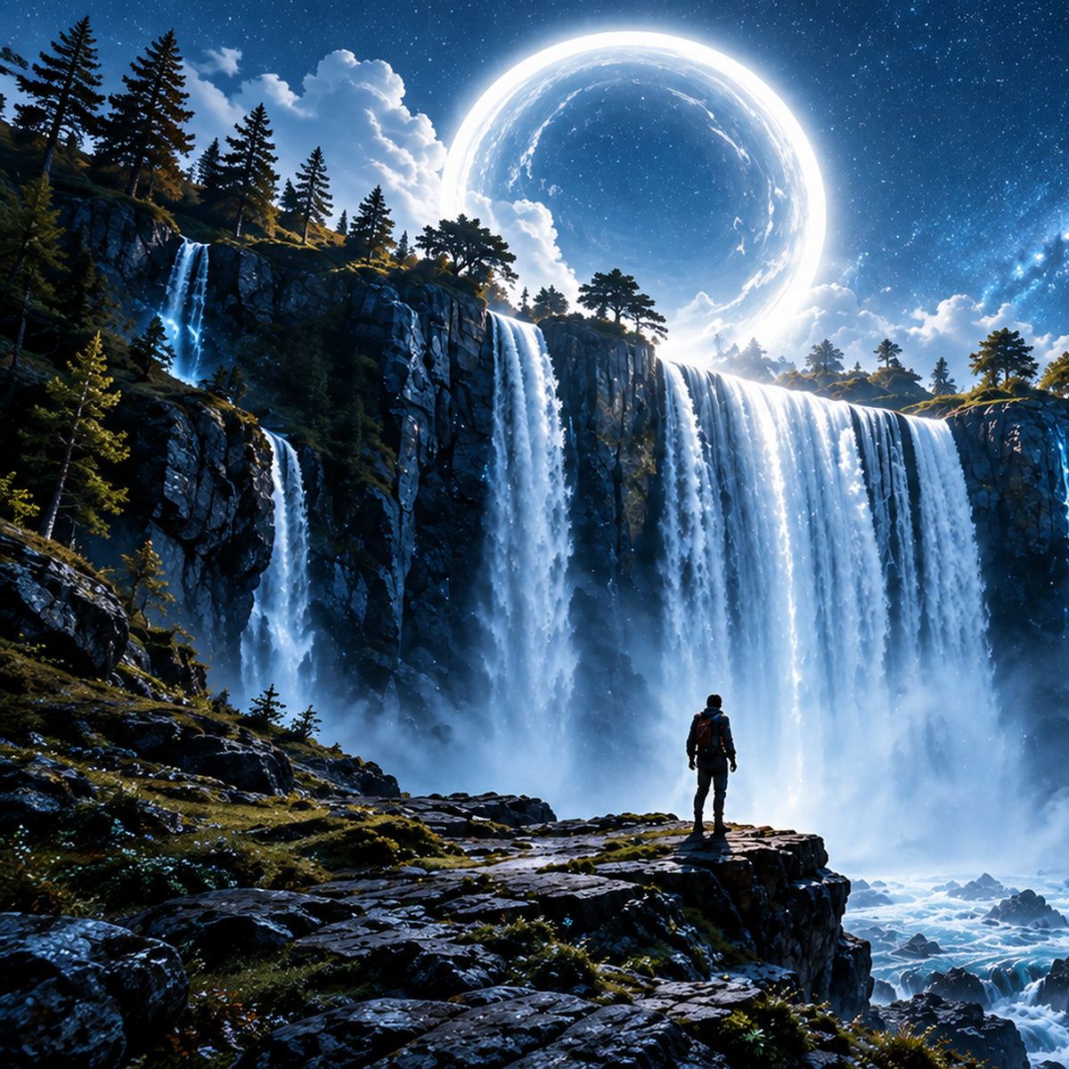 The Next View clean moon waterfall landscape artwork by WarpLuxe