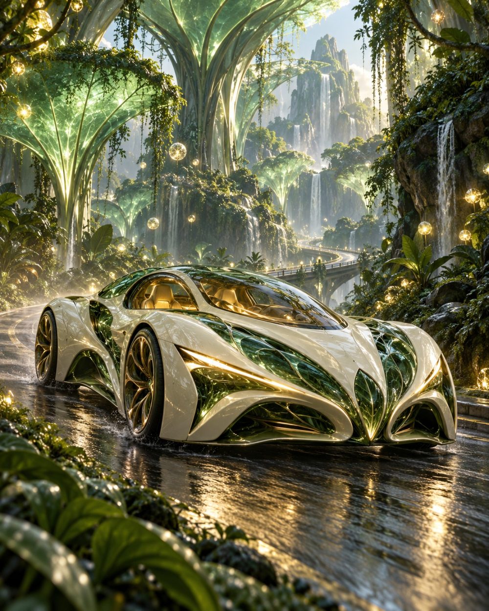 Verdant Velocity futuristic hypercar in a lush bioluminescent jungle, digital art by WarpLuxe