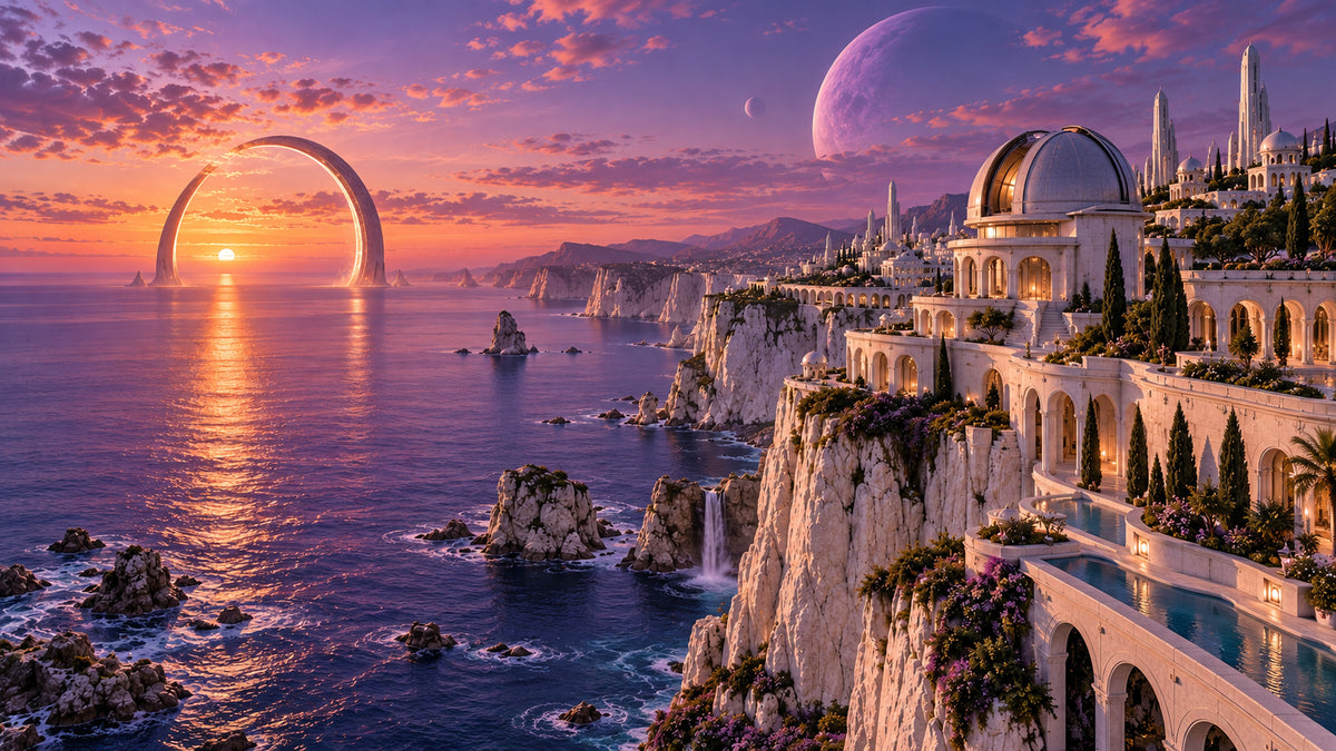 Violet Horizon Colony futuristic digital art print by WarpLuxe